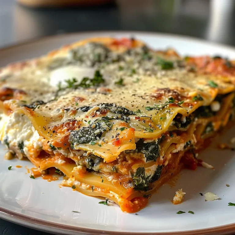 ['Close-up view of a slice of vegetarian pumpkin spinach lasagna on a plate.', 'Side view of a deliciously layered pumpkin and spinach lasagna garnished with fresh herbs.', 'Juicy vegetarian lasagna showcasing layers of pumpkin, spinach, and cheese.', 'A hearty slice of pumpkin spinach lasagna with melted cheese on top.']