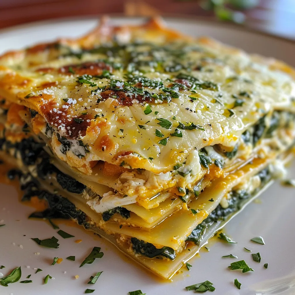 ['Close-up view of a slice of vegetarian pumpkin spinach lasagna on a plate.', 'Side view of a deliciously layered pumpkin and spinach lasagna garnished with fresh herbs.', 'Juicy vegetarian lasagna showcasing layers of pumpkin, spinach, and cheese.', 'A hearty slice of pumpkin spinach lasagna with melted cheese on top.']
