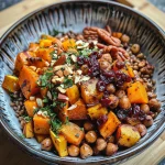 ['A vibrant vegan fall harvest farro bowl with roasted butternut squash, sliced apples, chickpeas, and various toppings.', 'Close-up of a colorful farro bowl featuring roasted vegetables, fruit, nuts, and a drizzle of dressing in a rustic setting.', 'A side view of a vegan farro bowl filled with seasonal ingredients like squash, apples, cranberries, and pumpkin seeds.', 'An appetizing display of a vegan fall harvest bowl showcasing farro, roasted squash, chickpeas, and colorful garnishes.']