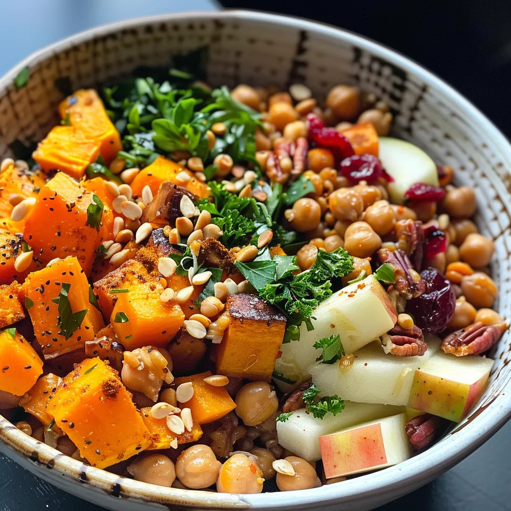 ['A vibrant vegan fall harvest farro bowl with roasted butternut squash, sliced apples, chickpeas, and various toppings.', 'Close-up of a colorful farro bowl featuring roasted vegetables, fruit, nuts, and a drizzle of dressing in a rustic setting.', 'A side view of a vegan farro bowl filled with seasonal ingredients like squash, apples, cranberries, and pumpkin seeds.', 'An appetizing display of a vegan fall harvest bowl showcasing farro, roasted squash, chickpeas, and colorful garnishes.']