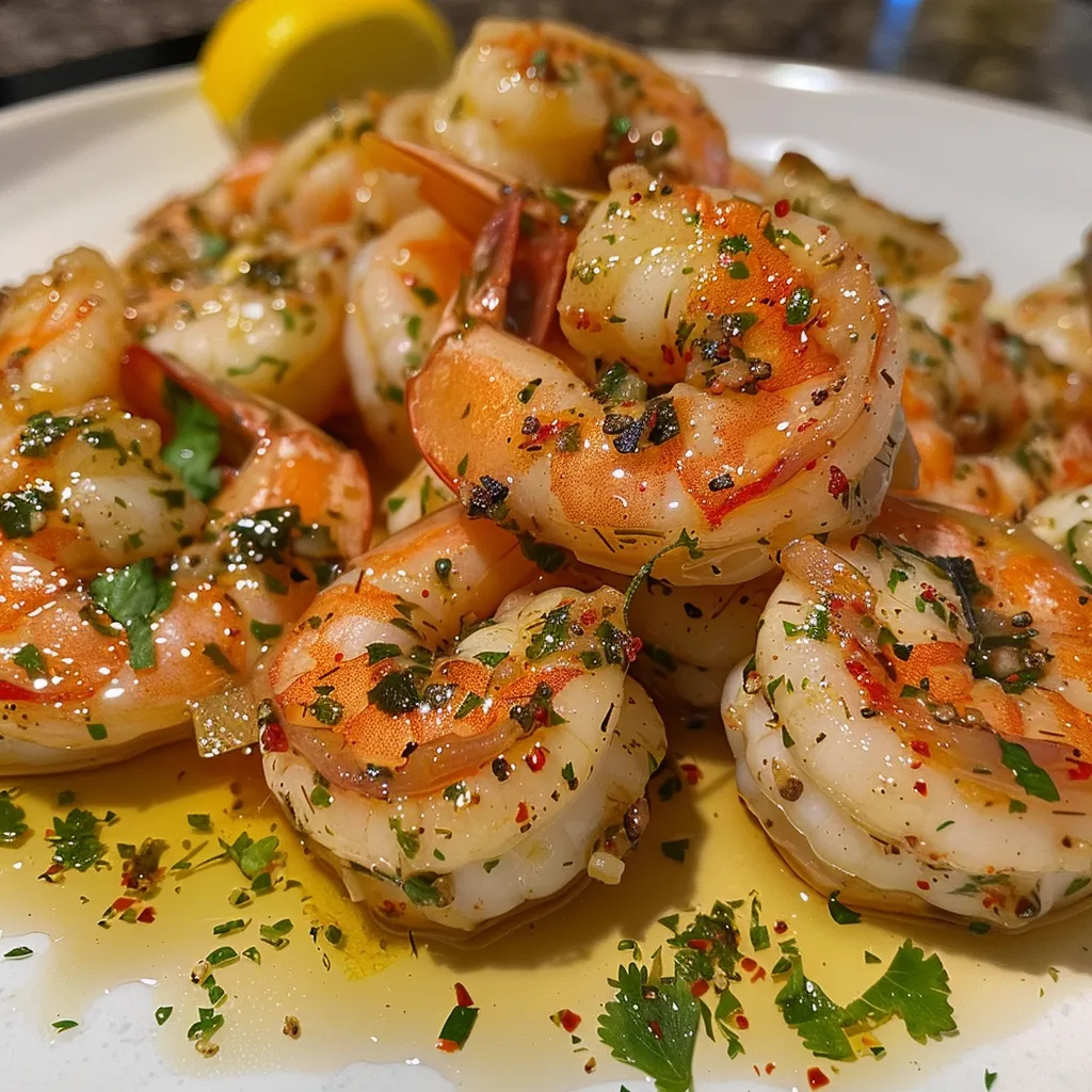 Close-up image of honey garlic grilled shrimp garnished with cilantro.