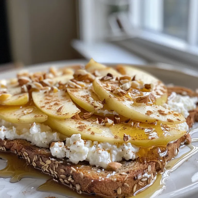['Close up of cottage cheese apple toast topped with thin apple slices and a drizzle of honey.', 'A side view of whole wheat toast with cottage cheese, sliced apples, and a sprinkle of cinnamon.', 'Juicy apple slices on a bed of cottage cheese atop whole wheat bread, with nuts scattered on top.', 'Delicious looking open-faced toast featuring cottage cheese, apple slices, and honey glaze.']