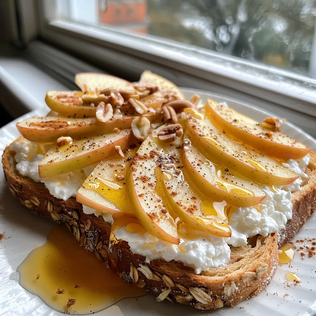 ['Close up of cottage cheese apple toast topped with thin apple slices and a drizzle of honey.', 'A side view of whole wheat toast with cottage cheese, sliced apples, and a sprinkle of cinnamon.', 'Juicy apple slices on a bed of cottage cheese atop whole wheat bread, with nuts scattered on top.', 'Delicious looking open-faced toast featuring cottage cheese, apple slices, and honey glaze.']