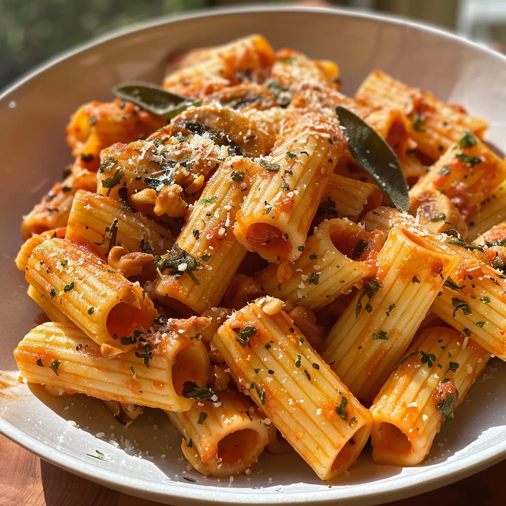 Close-up view of a pasta bake with a creamy orange pumpkin tomato sauce, topped with melted cheese.