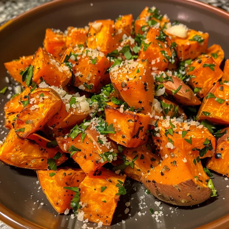 ['Close-up view of crispy roasted sweet potatoes garnished with garlic and Parmesan.', 'Golden-brown sweet potato cubes coated in garlic and Parmesan cheese.', 'Side view of savory garlic Parmesan sweet potatoes in a serving dish.', 'Delicious roasted sweet potatoes sprinkled with fresh parsley and cheese.']