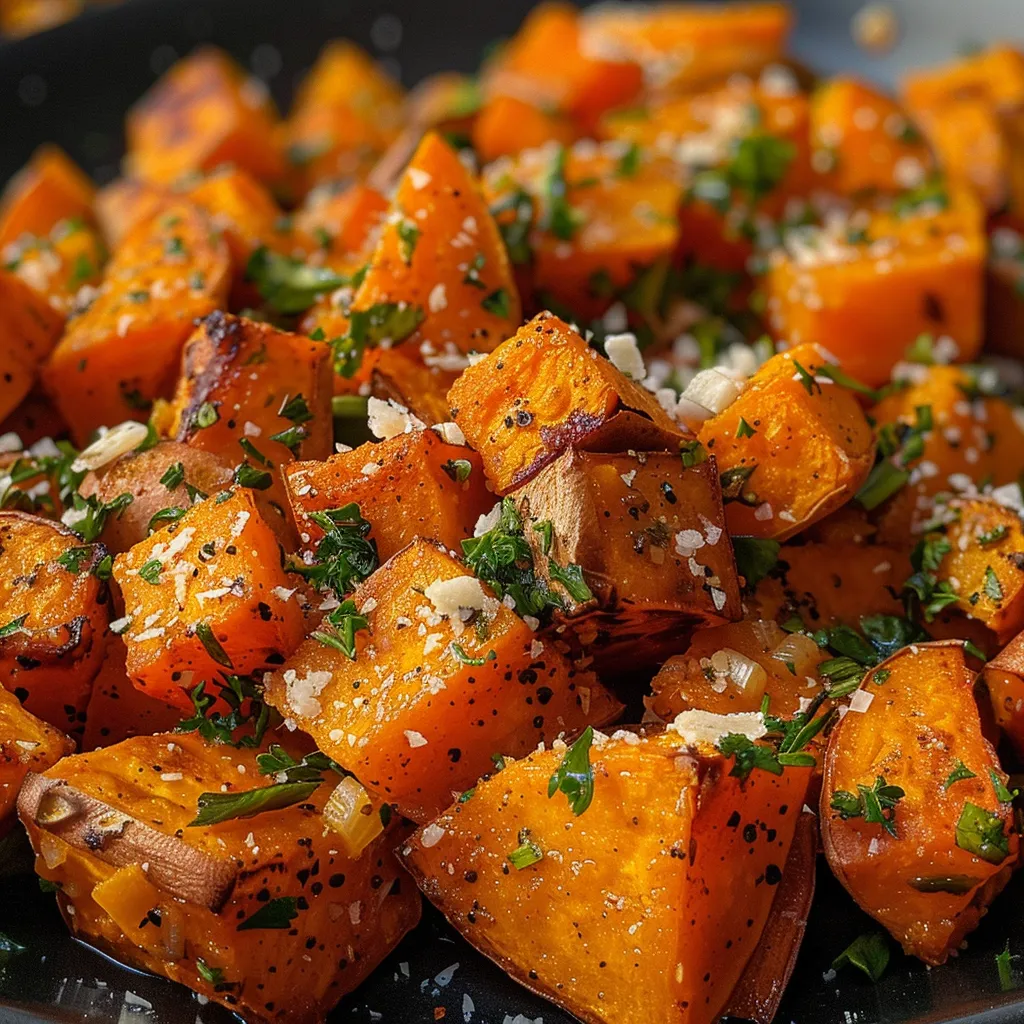 ['Close-up view of crispy roasted sweet potatoes garnished with garlic and Parmesan.', 'Golden-brown sweet potato cubes coated in garlic and Parmesan cheese.', 'Side view of savory garlic Parmesan sweet potatoes in a serving dish.', 'Delicious roasted sweet potatoes sprinkled with fresh parsley and cheese.']