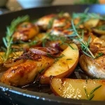 ['Close-up image of sautéed chicken strips with apple slices and rosemary on a plate.', 'Juicy chicken and apple dish garnished with fresh rosemary, presented from the side.', 'Side view of sautéed chicken and apples, showcasing vibrant colors and textures.', 'Delicious sautéed chicken and apples with rosemary, highlighting the ingredients and cooking style.']