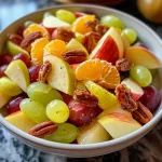 ['Close-up view of a colorful Thanksgiving fruit salad with apples, pears, and grapes.', 'Juicy fruit salad featuring diced apples, pears, and a medley of grapes in a bowl.', 'Side view of a vibrant Thanksgiving fruit salad topped with pecans and a sprinkle of salt.', 'A fresh fruit salad with Honeycrisp apples, Bosc pears, and orange slices on a wooden table.']