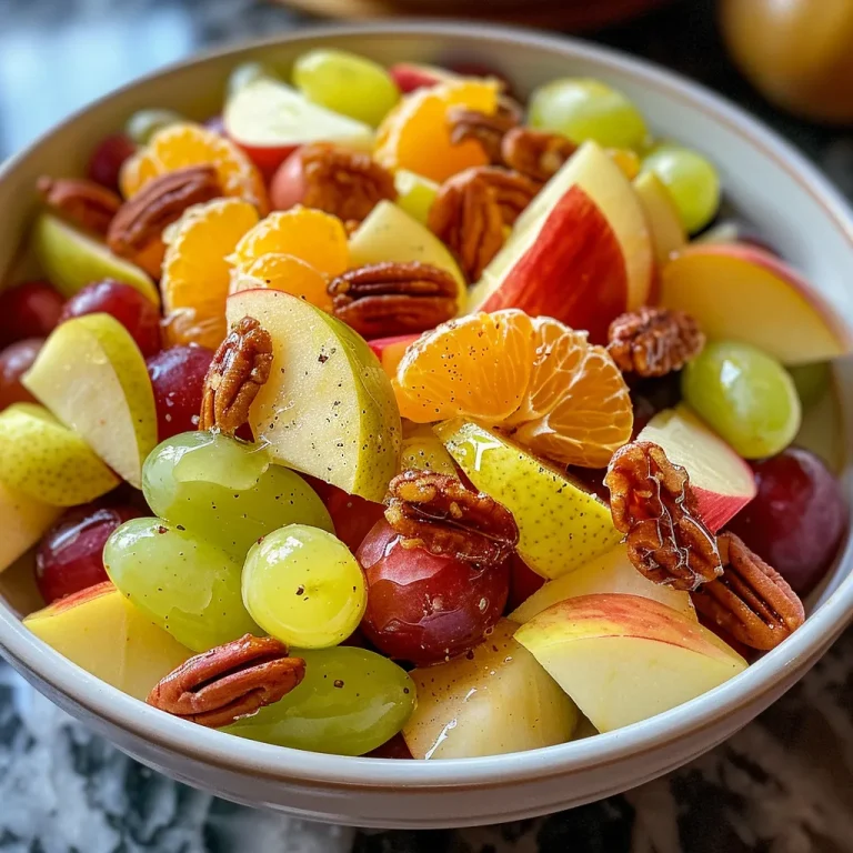 ['Close-up view of a colorful Thanksgiving fruit salad with apples, pears, and grapes.', 'Juicy fruit salad featuring diced apples, pears, and a medley of grapes in a bowl.', 'Side view of a vibrant Thanksgiving fruit salad topped with pecans and a sprinkle of salt.', 'A fresh fruit salad with Honeycrisp apples, Bosc pears, and orange slices on a wooden table.']