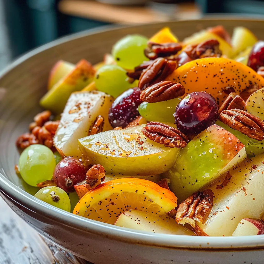 ['Close-up view of a colorful Thanksgiving fruit salad with apples, pears, and grapes.', 'Juicy fruit salad featuring diced apples, pears, and a medley of grapes in a bowl.', 'Side view of a vibrant Thanksgiving fruit salad topped with pecans and a sprinkle of salt.', 'A fresh fruit salad with Honeycrisp apples, Bosc pears, and orange slices on a wooden table.']