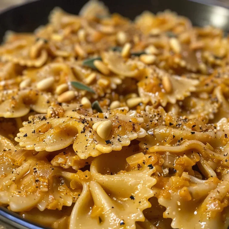 ['Close-up view of vegan pumpkin pasta, showcasing bow tie pasta and a creamy pumpkin sauce.', 'Side angle of a bowl filled with vibrant vegan pumpkin pasta, garnished with pine nuts and herbs.', 'Appetizing vegan pasta dish featuring bow ties coated in rich pumpkin puree and sautéed garlic.', 'Colorful serving of vegan pumpkin pasta with a drizzle of olive oil and hints of sage.']
