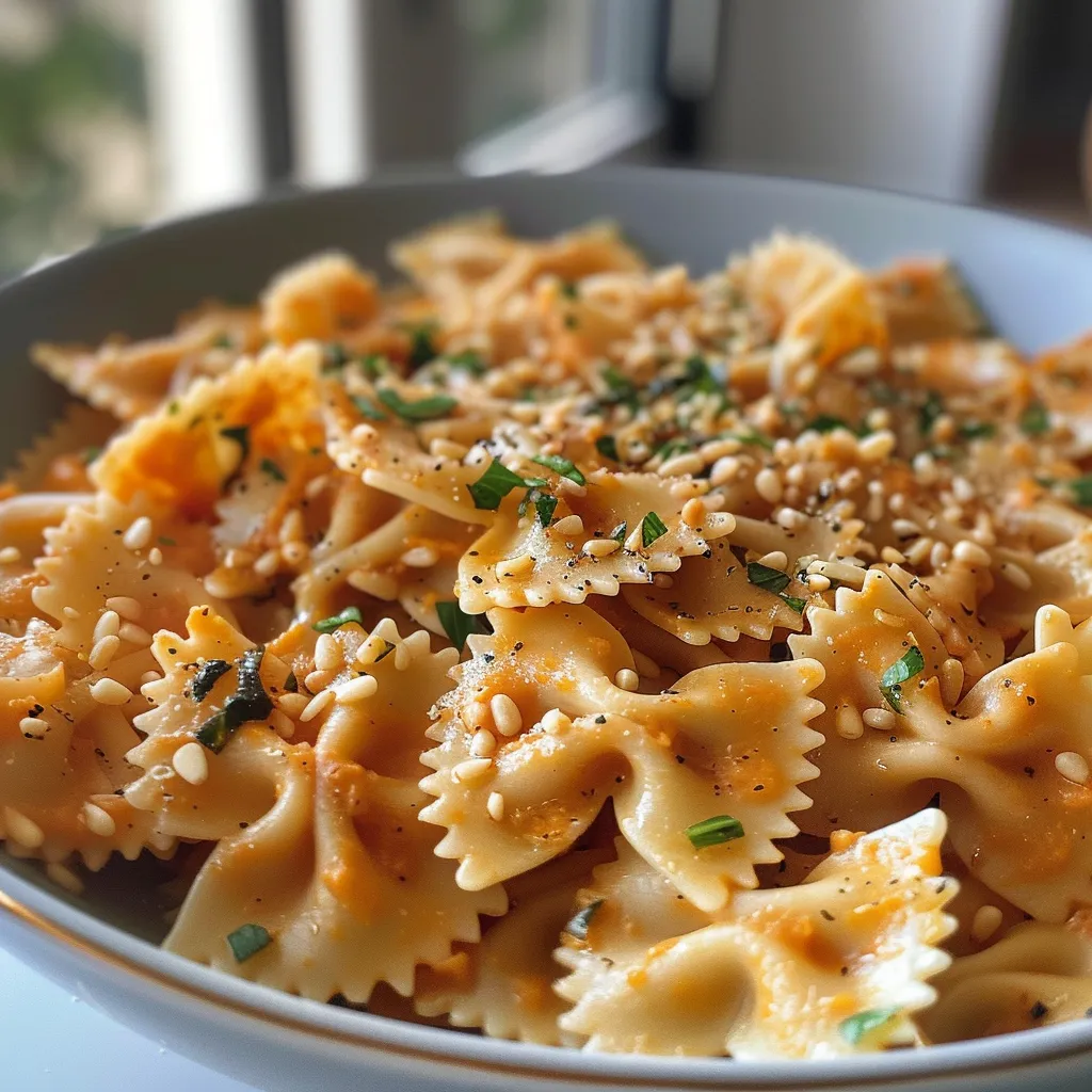 ['Close-up view of vegan pumpkin pasta, showcasing bow tie pasta and a creamy pumpkin sauce.', 'Side angle of a bowl filled with vibrant vegan pumpkin pasta, garnished with pine nuts and herbs.', 'Appetizing vegan pasta dish featuring bow ties coated in rich pumpkin puree and sautéed garlic.', 'Colorful serving of vegan pumpkin pasta with a drizzle of olive oil and hints of sage.']