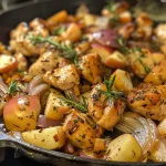 ['Close-up view of sautéed chicken strips with apple slices and rosemary.', 'Juicy chicken breast pieces sautéed with red apples and fresh rosemary.', 'Side view of a dish featuring chicken, apples, and rosemary, showcasing its vibrant colors.', 'Delicious sautéed chicken with sliced apples and chopped rosemary.']