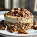 ['Close-up side view of creamy maple pecan overnight oats in a glass jar.', 'Delicious overnight oats topped with pecans and a drizzle of maple syrup.', 'A glass filled with rolled oats, non-dairy milk, and cinnamon, garnished with chopped pecans.', 'Side view of maple pecan overnight oats showcasing layers of oats and toppings.']