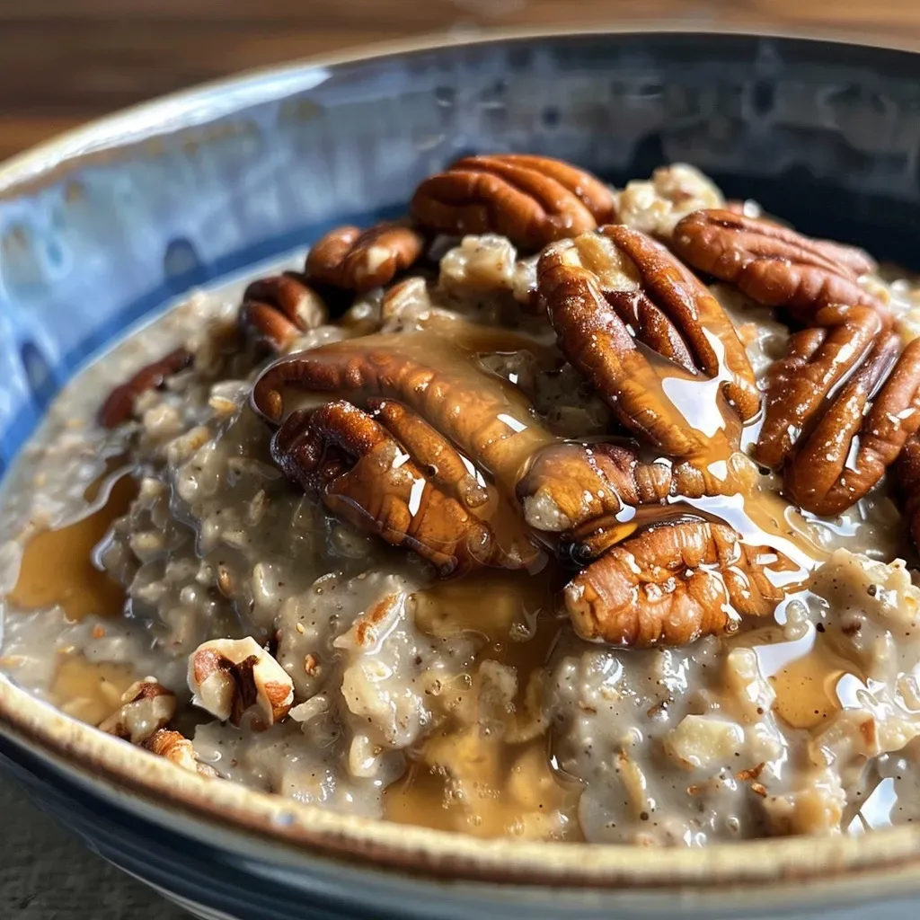['Close-up side view of creamy maple pecan overnight oats in a glass jar.', 'Delicious overnight oats topped with pecans and a drizzle of maple syrup.', 'A glass filled with rolled oats, non-dairy milk, and cinnamon, garnished with chopped pecans.', 'Side view of maple pecan overnight oats showcasing layers of oats and toppings.']