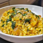 ['Close-up of creamy vegetarian pumpkin risotto with pieces of spinach and herbs.', 'Side view of a bowl filled with vibrant pumpkin risotto garnished with fresh spinach.', 'Textured golden risotto showcasing pumpkin puree and green spinach leaves.', 'A delicious serving of pumpkin risotto, highlighting its creamy consistency and green accents.']