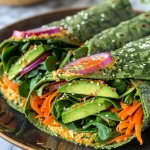 ['A close-up view of veggie spinach wraps filled with colorful ingredients like avocado, carrots, and sprouts.', 'Side view of a spinach wrap showcasing layers of hummus, baby spinach, and fresh vegetables.', 'Juicy spinach wraps filled with vibrant veggies and hummus, captured in a detailed close-up shot.', 'Fresh veggie spinach wraps displayed with avocado slices, red onion, and shredded carrots.']