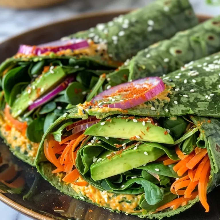 ['A close-up view of veggie spinach wraps filled with colorful ingredients like avocado, carrots, and sprouts.', 'Side view of a spinach wrap showcasing layers of hummus, baby spinach, and fresh vegetables.', 'Juicy spinach wraps filled with vibrant veggies and hummus, captured in a detailed close-up shot.', 'Fresh veggie spinach wraps displayed with avocado slices, red onion, and shredded carrots.']