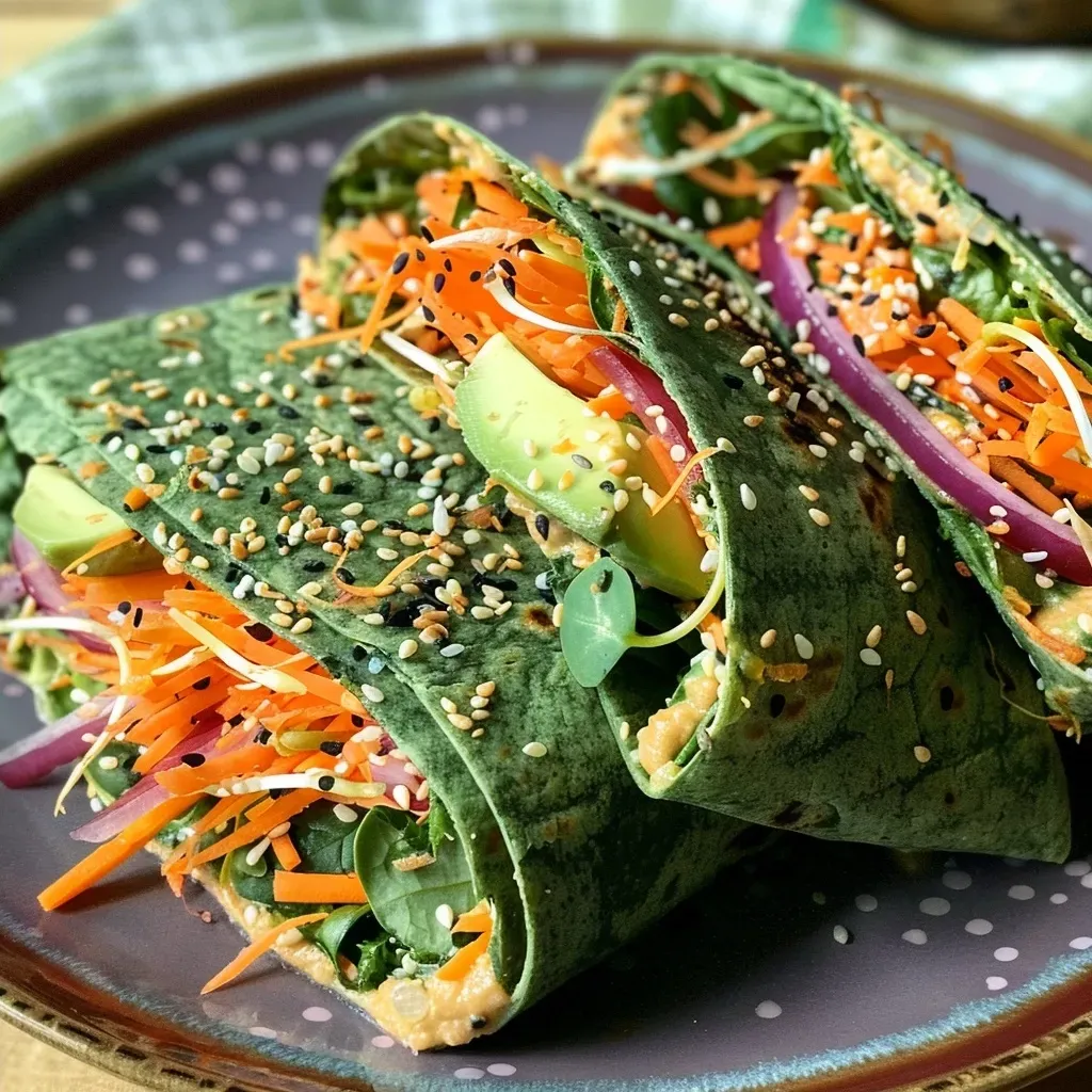 ['A close-up view of veggie spinach wraps filled with colorful ingredients like avocado, carrots, and sprouts.', 'Side view of a spinach wrap showcasing layers of hummus, baby spinach, and fresh vegetables.', 'Juicy spinach wraps filled with vibrant veggies and hummus, captured in a detailed close-up shot.', 'Fresh veggie spinach wraps displayed with avocado slices, red onion, and shredded carrots.']