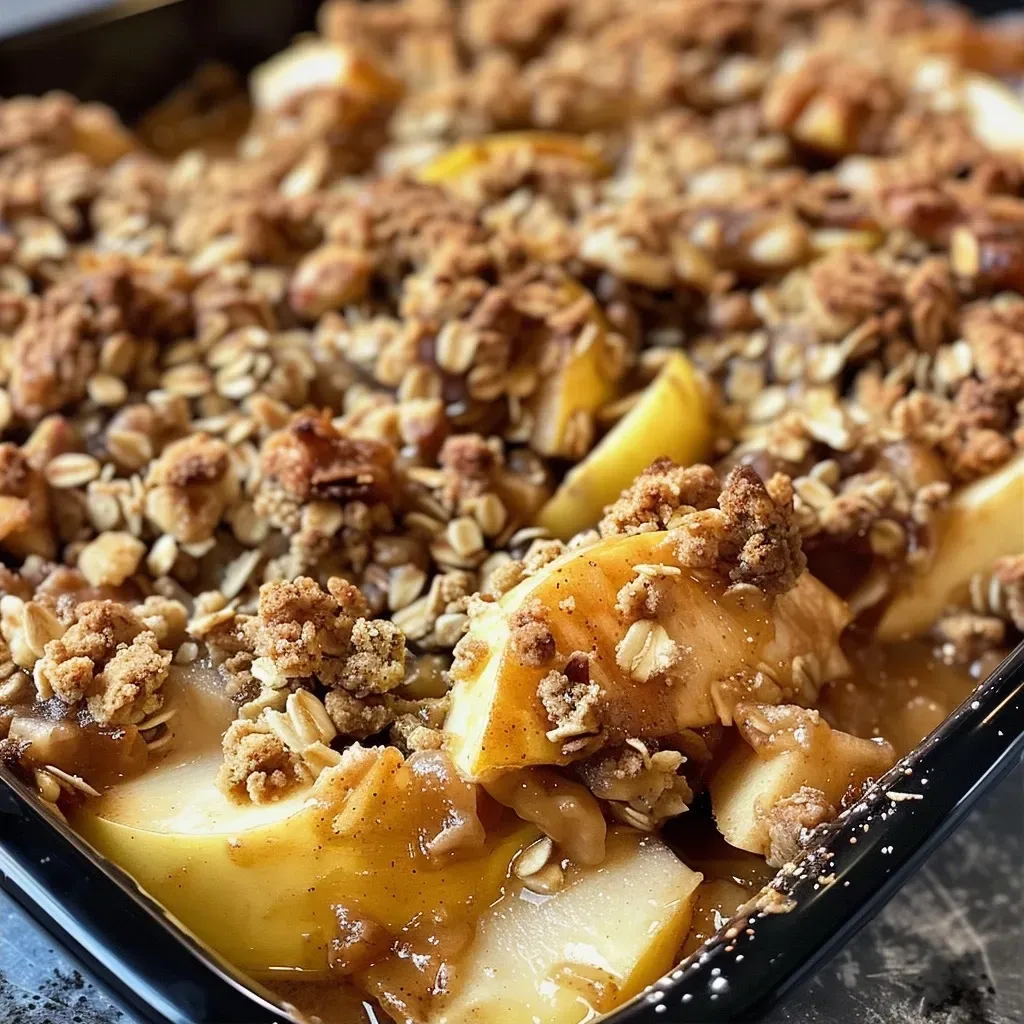 ['Close-up view of a walnut apple crisp dessert in a dish.', 'Layered walnut apple crisp showcasing baked apples and crunchy topping.', 'Side view of a steaming walnut apple crisp, highlighting the crumbly texture.', 'Delicious walnut apple crisp with visible apple slices and nuts on top.']