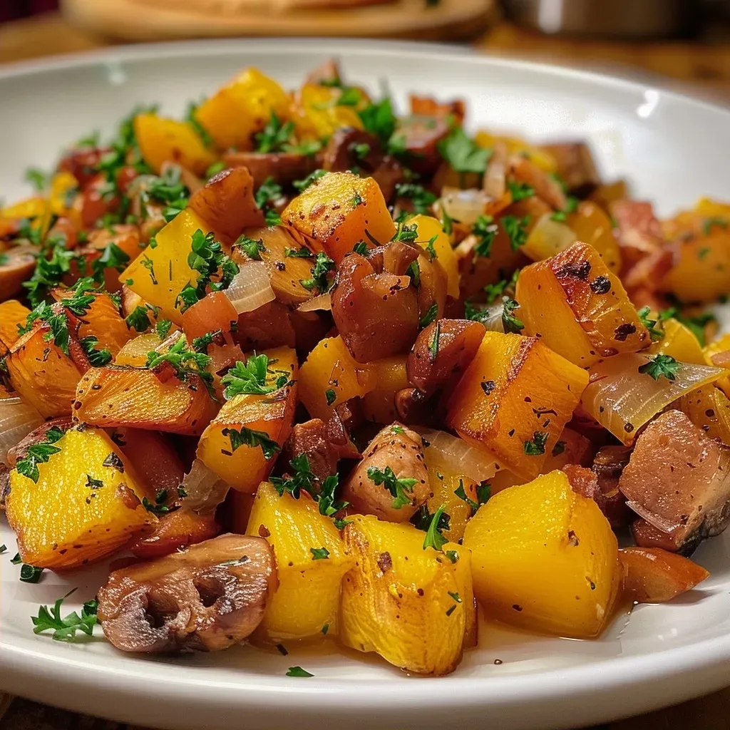 ['A close-up side view of a warm grain bowl featuring sliced chicken, roasted squash, and honey mustard sauce.', 'A vibrant grain bowl filled with chicken, squash, and a drizzle of honey mustard, photographed from the side.', 'An appetizing side view of a grain bowl showing chicken, squash, and honey mustard on top of grains.', 'A richly colored grain bowl with chicken and squash, highlighting the honey mustard glaze.']