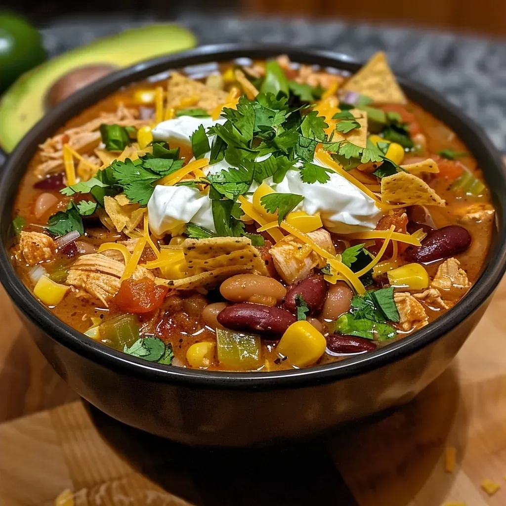 ['Close-up of a hearty white bean chicken chili in a bowl, topped with cilantro and avocado.', 'Side view of a creamy white bean chicken chili, showcasing shredded chicken and colorful toppings.', 'Delicious bowl of white bean chicken chili with a garnish of green chilis and tortilla chips.', 'Textured view of a rich white bean chicken chili, featuring ingredients like corn and yogurt.']