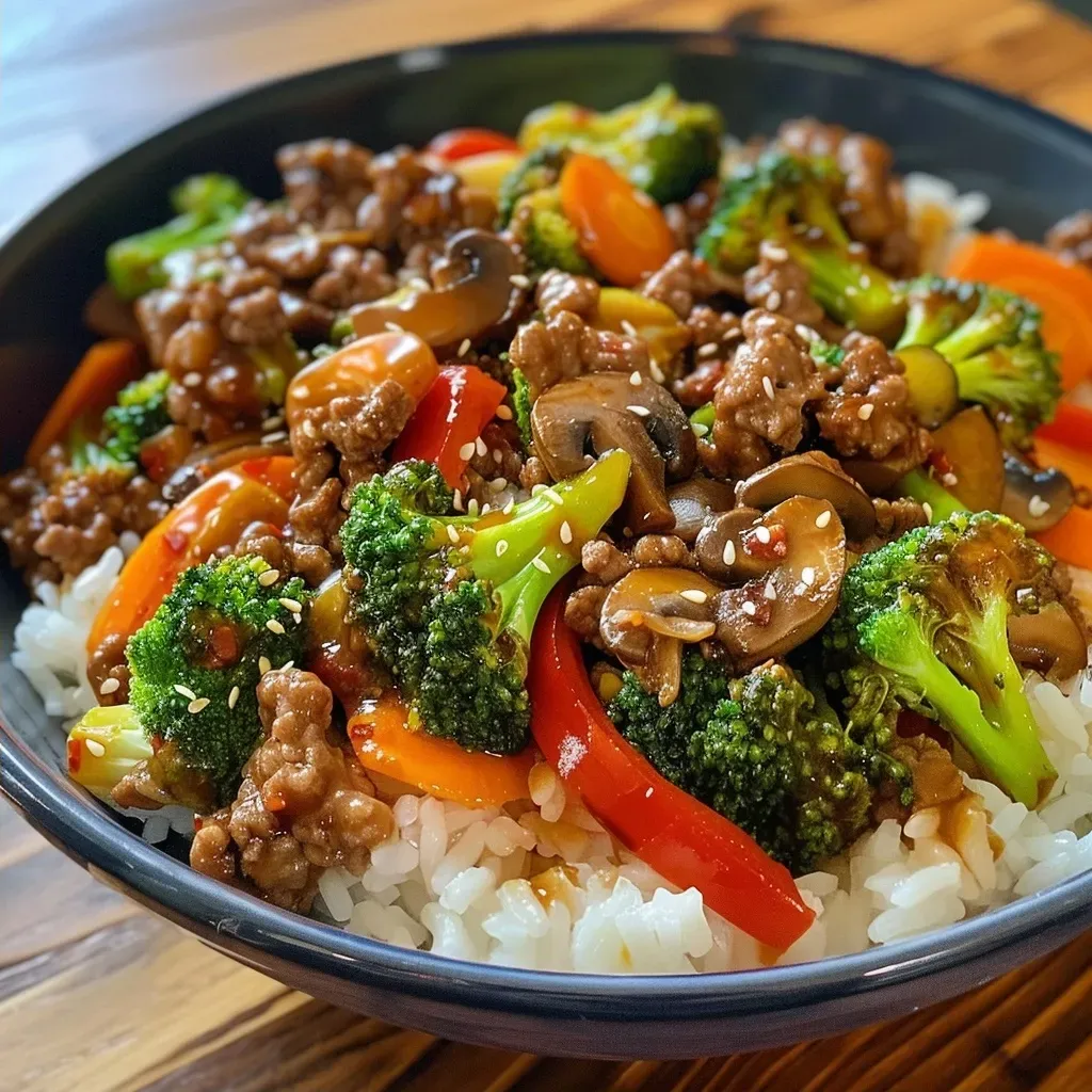 ['A close-up view of a vibrant stir-fry bowl featuring ground beef, colorful veggies, and rice.', 'A side view of a delicious beef stir-fry bowl with garlic-seasoned vegetables and steamed rice.', 'A hearty bowl of spicy ground beef stir-fry with broccoli, bell peppers, and zucchini.', 'A succulent stir-fry bowl with rich ground beef, garlic vegetables, and a bed of white rice.']