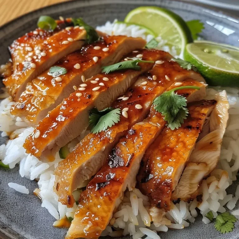 ['Close-up of spicy maple chicken served with fluffy coconut rice, garnished with cilantro and lime.', 'Juicy chicken thighs drizzled with maple syrup and sriracha, beside a bowl of coconut rice.', 'Side view of vibrant chicken dish featuring spicy maple glaze and coconut-infused jasmine rice.', 'Plate of delicious maple chicken and creamy coconut rice, beautifully garnished with fresh herbs.']