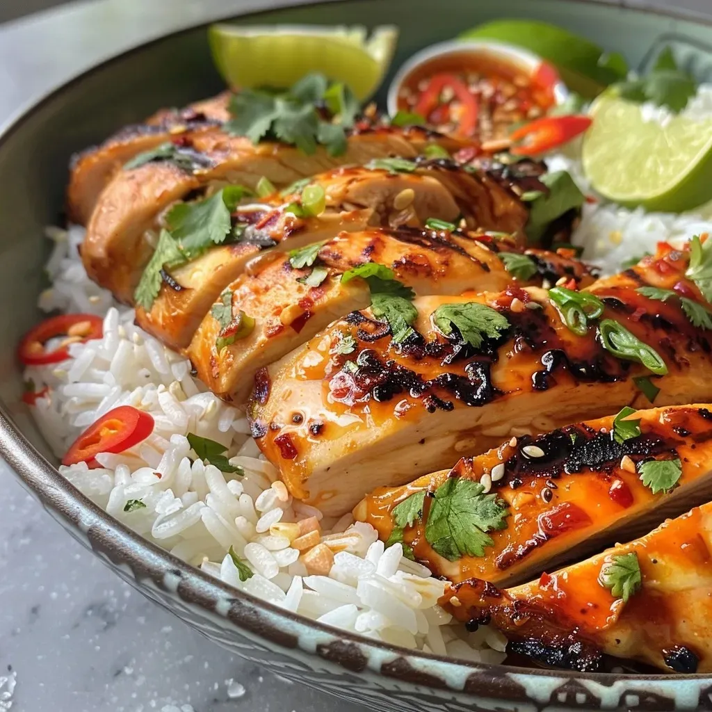 ['Close-up of spicy maple chicken served with fluffy coconut rice, garnished with cilantro and lime.', 'Juicy chicken thighs drizzled with maple syrup and sriracha, beside a bowl of coconut rice.', 'Side view of vibrant chicken dish featuring spicy maple glaze and coconut-infused jasmine rice.', 'Plate of delicious maple chicken and creamy coconut rice, beautifully garnished with fresh herbs.']