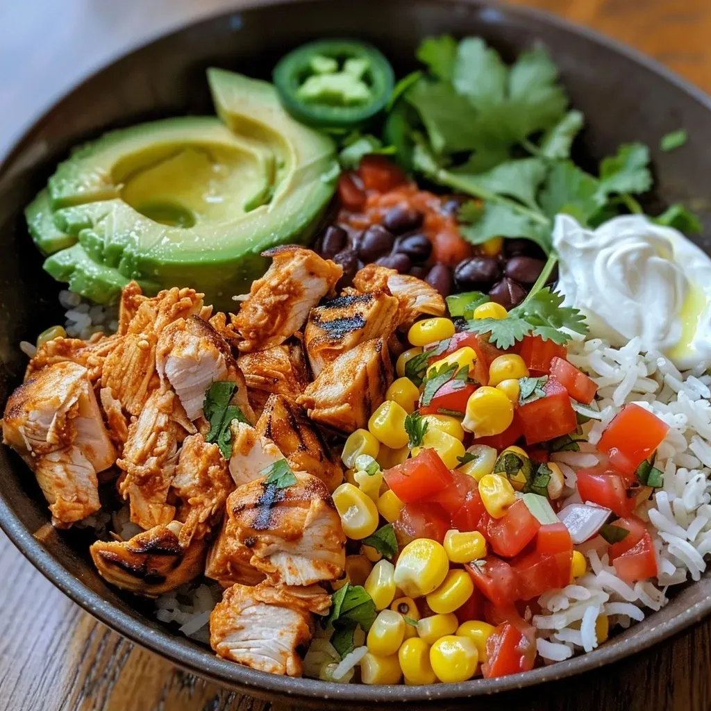 ['Close-up of a colorful chicken burrito bowl featuring diced chicken, rice, beans, and toppings.', 'Side view of a zesty chicken burrito bowl with vibrant ingredients including avocado and cilantro.', 'Juicy burrito bowl filled with chicken, corn, peppers, and garnished with cheese and sour cream.', 'Delicious chicken burrito bowl showcasing layers of rice, beans, and fresh toppings in a single pan.']