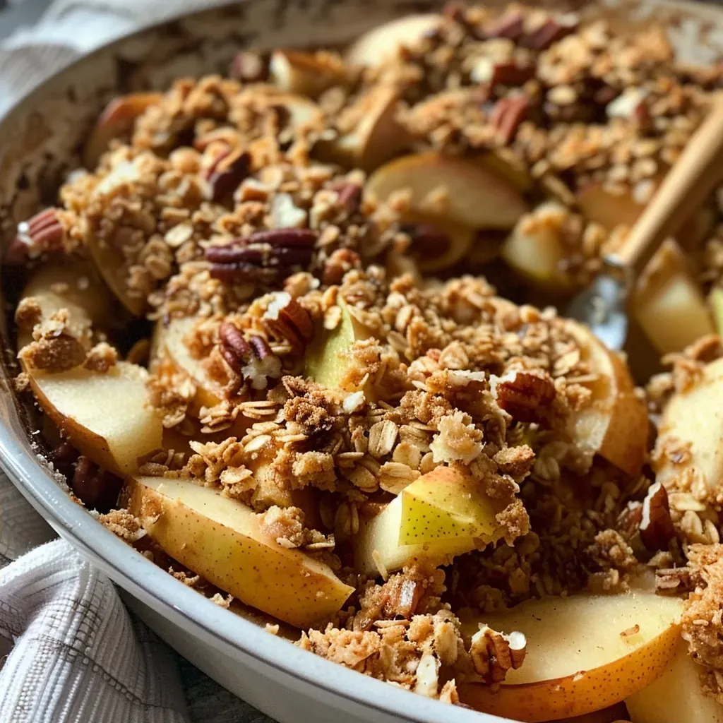 A close-up side view of a warm cinnamon apple pear crisp topped with nuts.