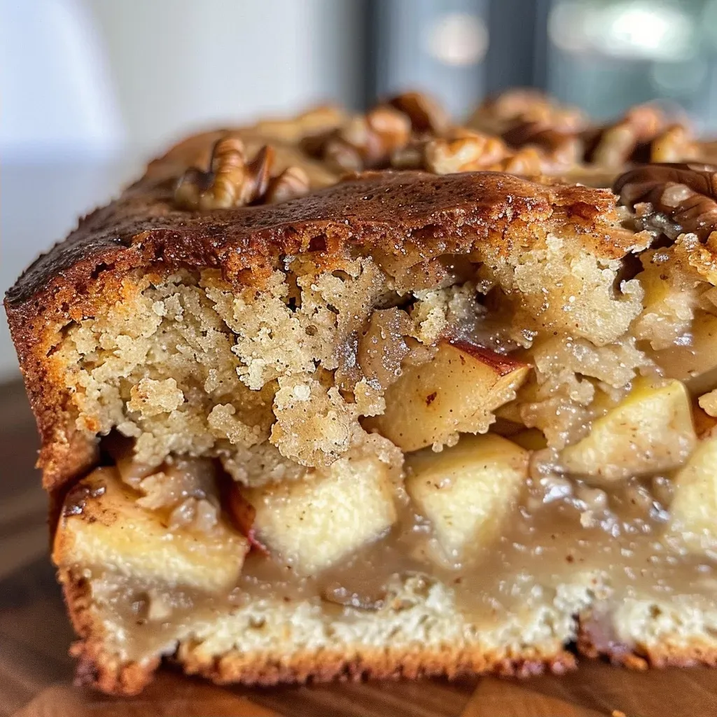 ['Close-up view of cinnamon apple bread with a golden crust and visible apple chunks.', 'Sliced cinnamon apple bread showcasing a moist interior filled with apples and walnuts.', 'Side angle shot of a loaf of cinnamon apple bread, emphasizing its texture and ingredients.', 'Freshly baked cinnamon apple bread with a light glaze and scattered walnuts on top.']