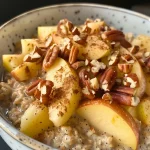 ['A close-up side view of creamy cinnamon apple overnight oats with visible chunks of apple and pecans.', 'A detailed view of overnight oats featuring apples and cinnamon in a clear jar, garnished with pecans.', 'Side profile of a bowl of cinnamon apple overnight oats, showing layers of oats, yogurt, and apple pieces.', 'A vibrant display of overnight oats with apple and cinnamon, highlighting the textures of the ingredients.']
