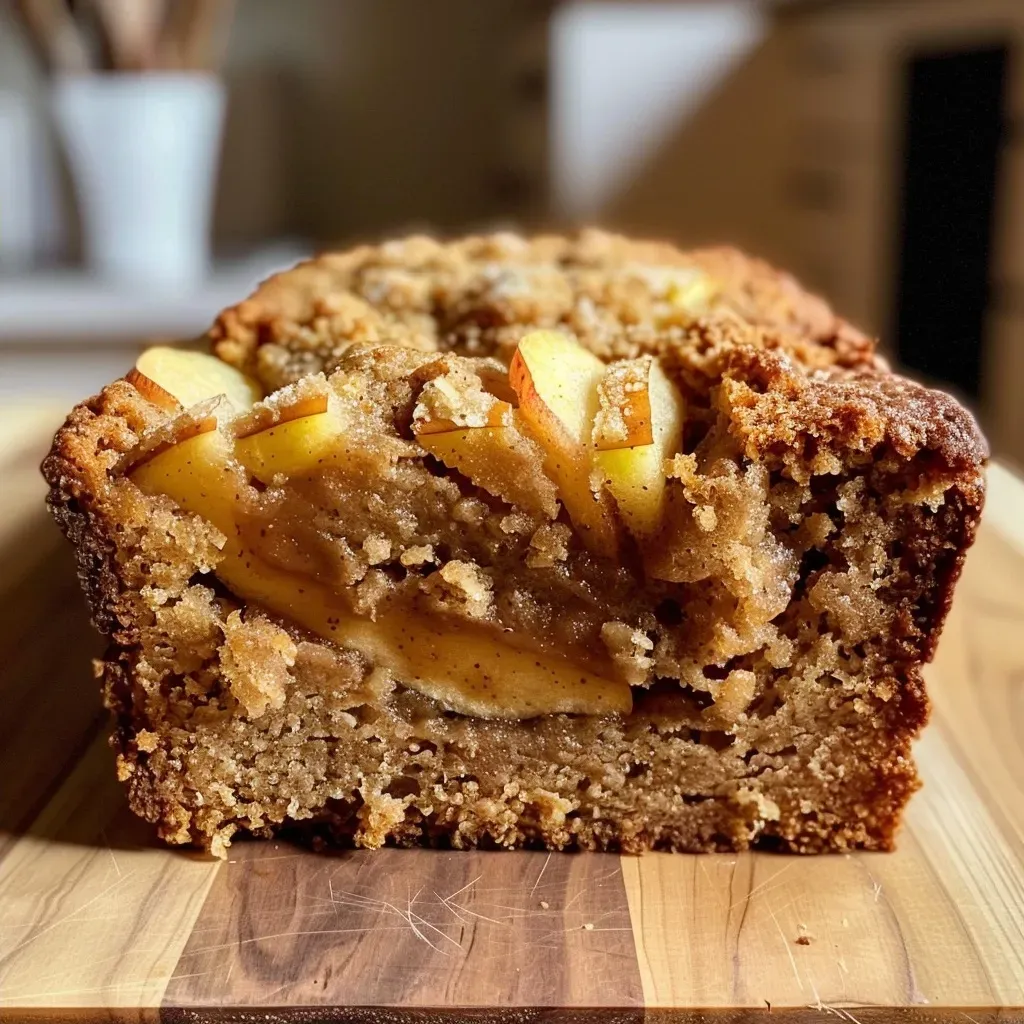 ['Close-up side view of a slice of cinnamon apple bread on a wooden cutting board.', 'Juicy and warm Zimt Apfelbrot displayed on a rustic kitchen counter.', 'Freshly baked apple cinnamon bread slice showcasing its moist texture and apple pieces.', 'Horizontal view of cinnamon apple bread with a buttery glaze drizzled on top.']