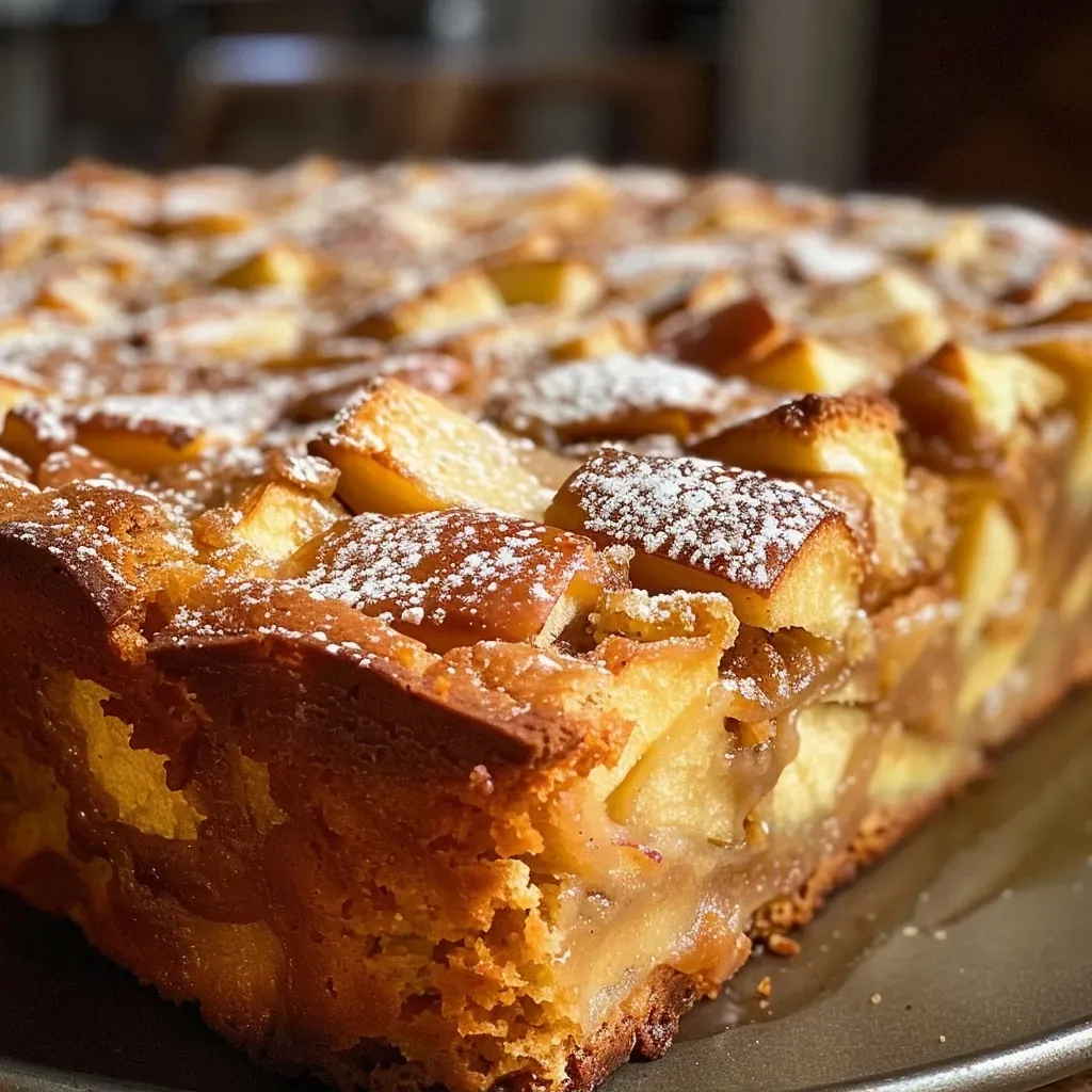 Side view of a Cinnamon Apple Cake with a golden brown crust and visible apple chunks.
