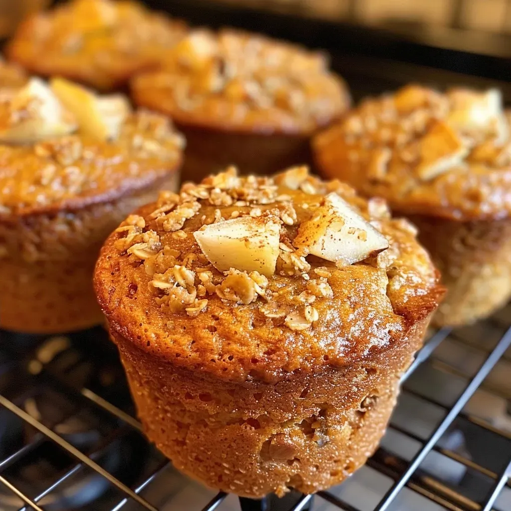 Close-up side view of delicious cinnamon pear muffins topped with a golden crust.