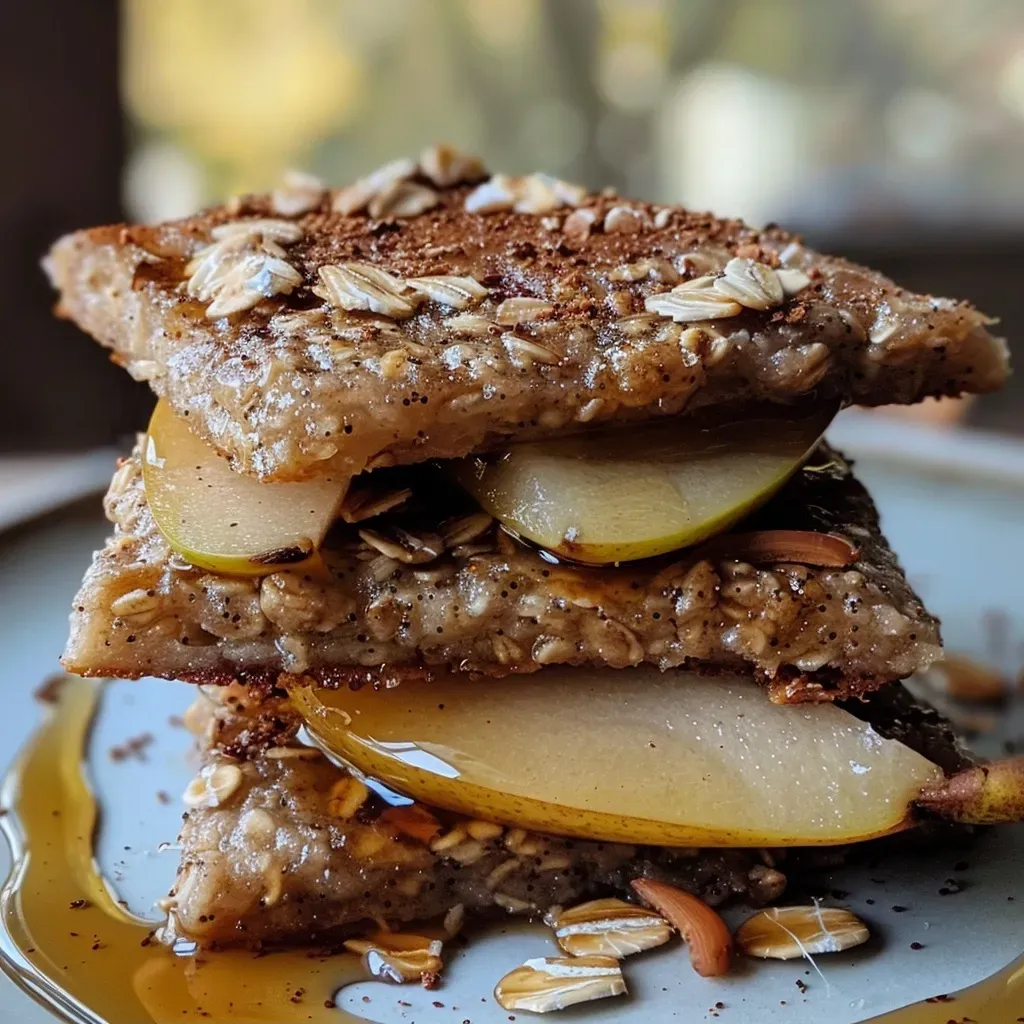 Close-up of golden brown cinnamon pear pancakes stacked on a plate.