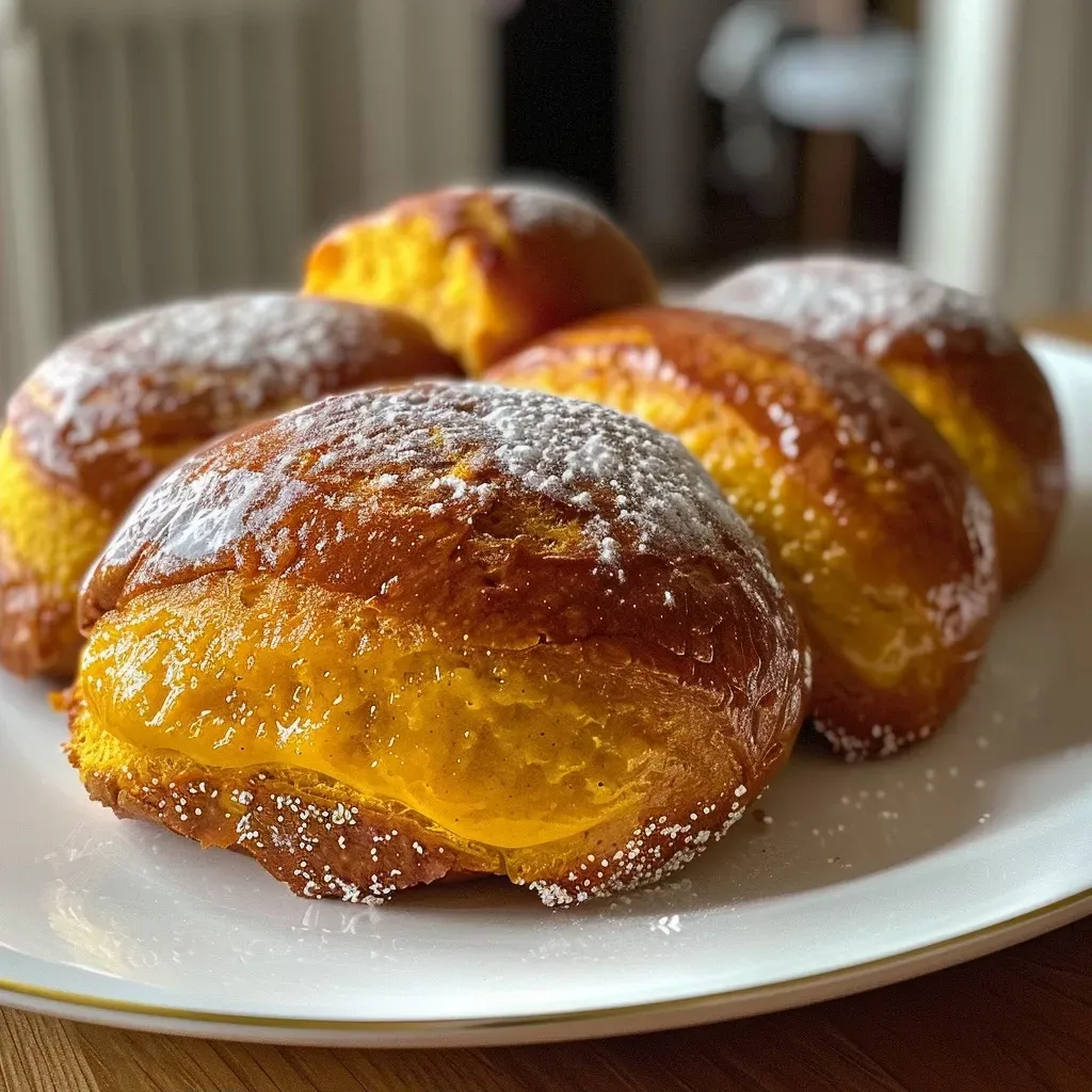 Close-up view of cinnamon pumpkin rolls with a glossy finish.