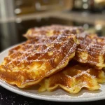 ['Close-up of golden-brown cinnamon waffles topped with fluffy cinnamon whipped cream.', 'Side view of crispy cinnamon waffles drizzled with creamy cinnamon topping.', 'Delicious cinnamon waffles stacked high with a generous swirl of whipped cream.', 'Appetizing plate of cinnamon waffles adorned with cinnamon-sugar whipped cream.']