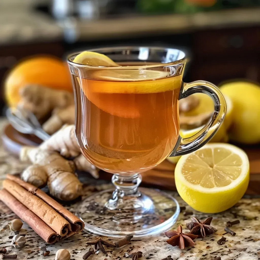 A warm, inviting non-alcoholic Hot Toddy displayed with ginger root and cloves visible around the glass.