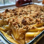 Close-up view of a baked apple crumble with a golden, crispy topping.