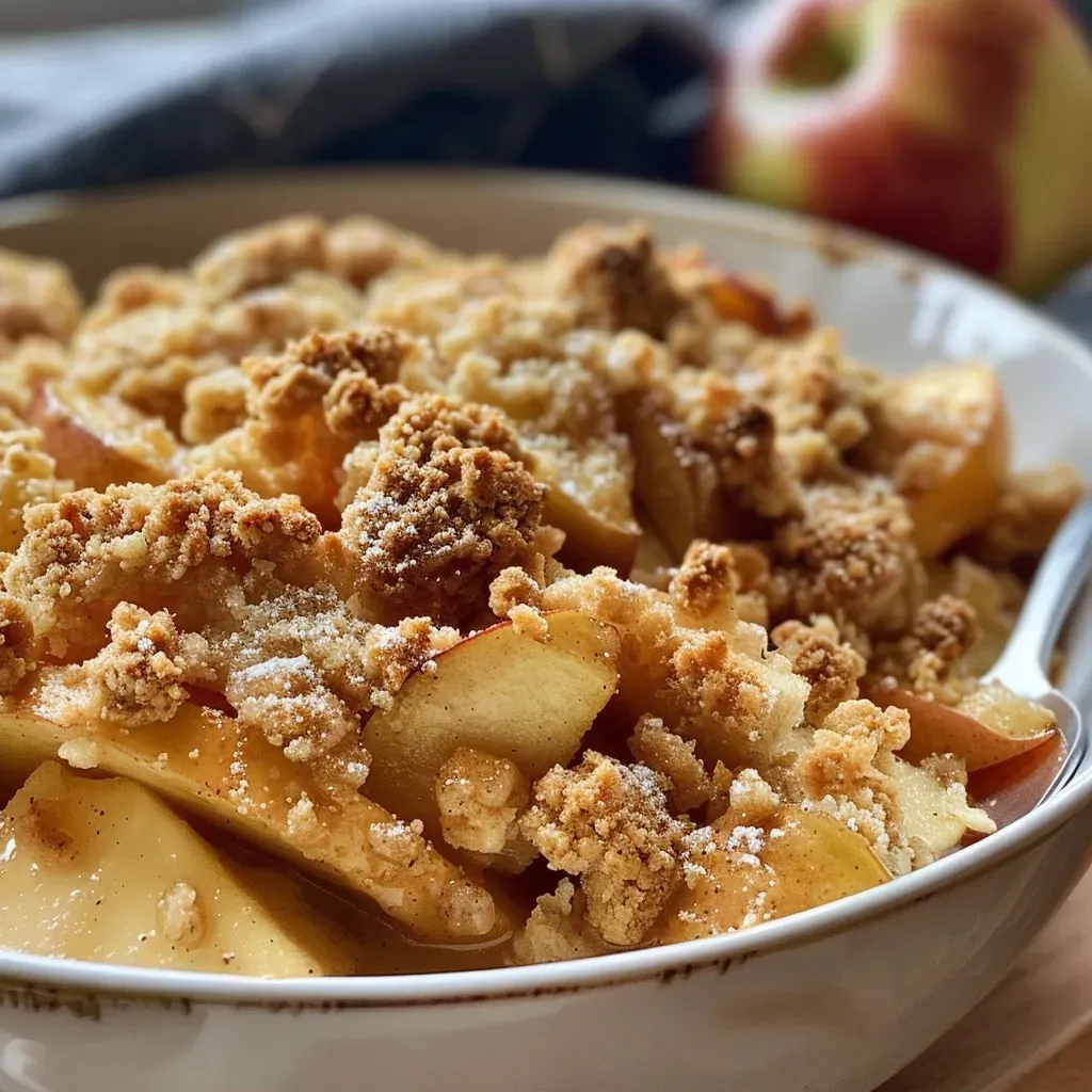 Side view of a delicious apple crumble, revealing layer of sliced apples and crumble topping.