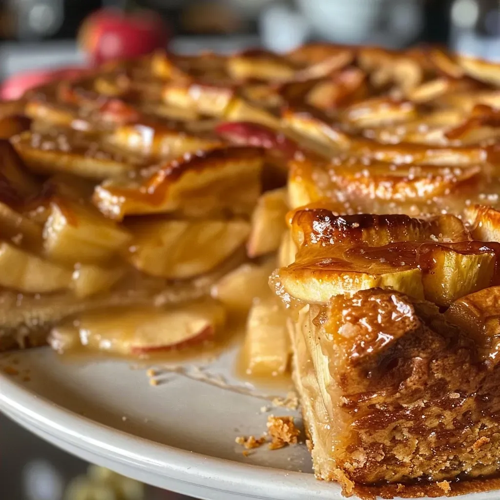 Side view of delicious apple pie bars topped with caramel.