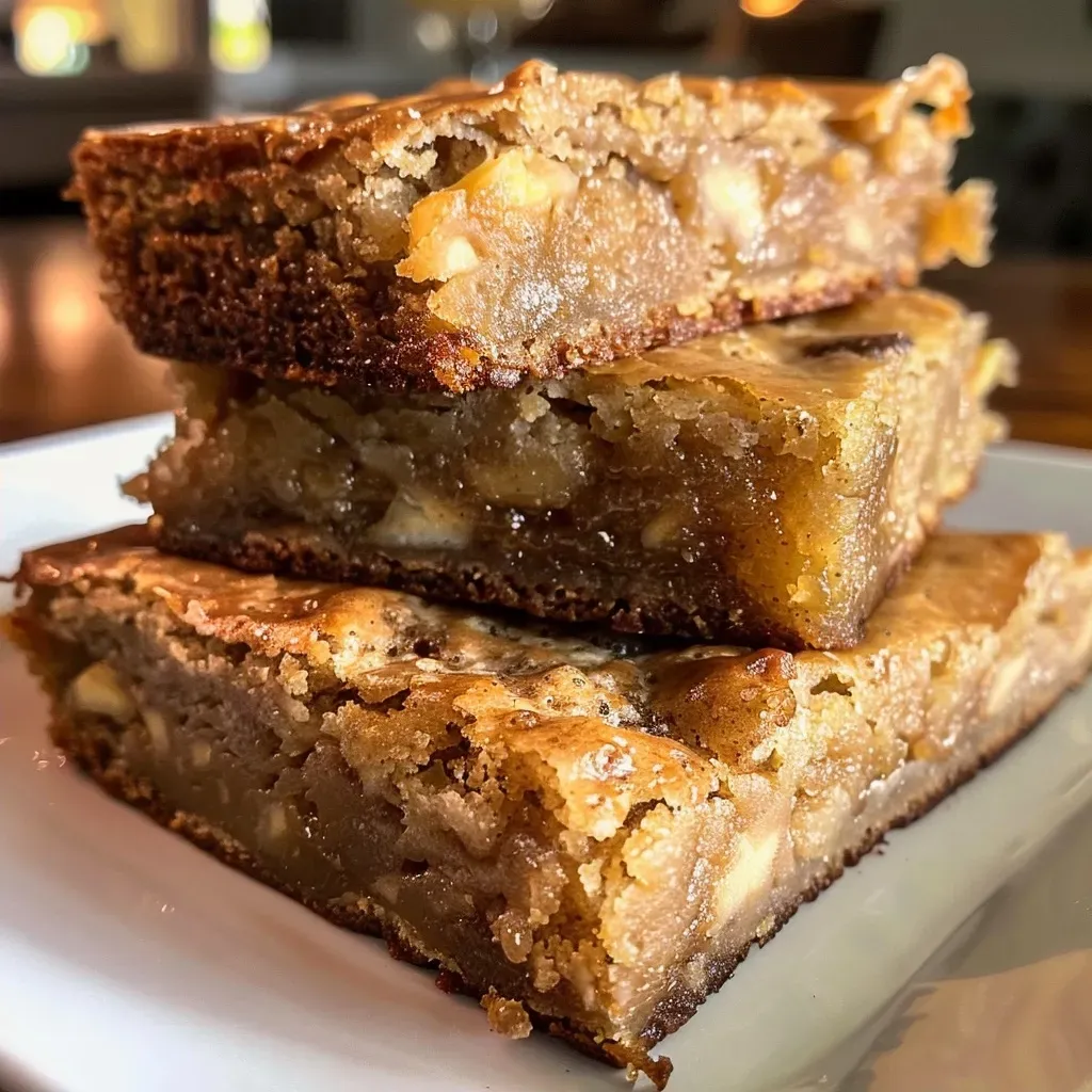 A side angle of delicious apple cider blondies, showcasing their soft and chewy interior.