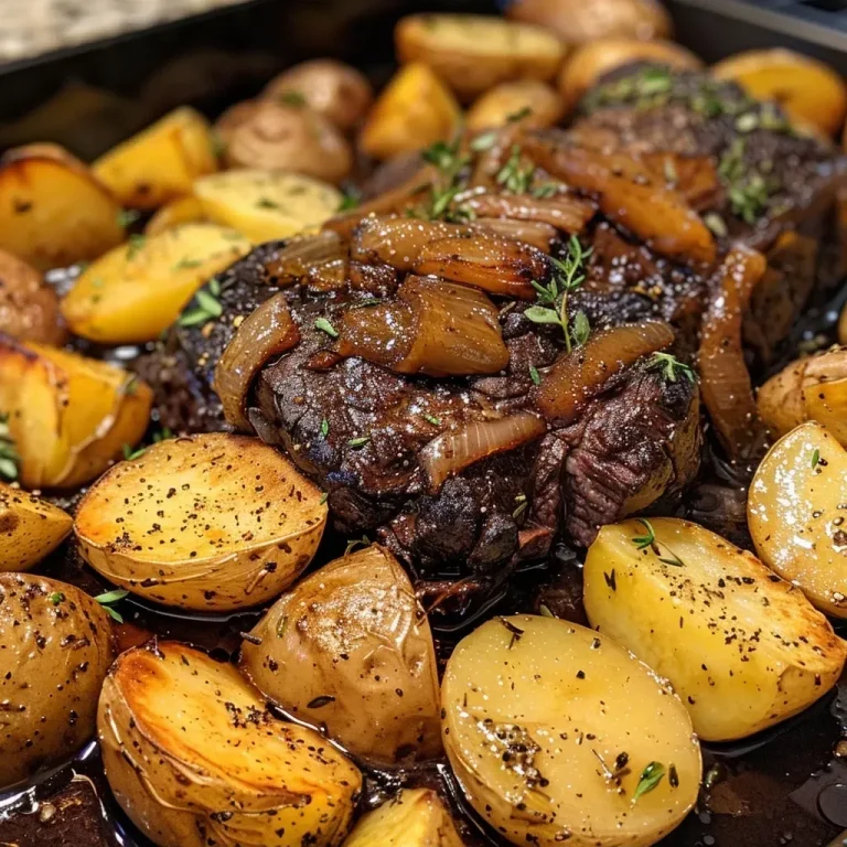Zartschmelzender Apfelmost-Rinderbraten – Ein Wohlfühlgericht für die ganze Familie Close-up view of a juicy apple cider pot roast with vegetables.
