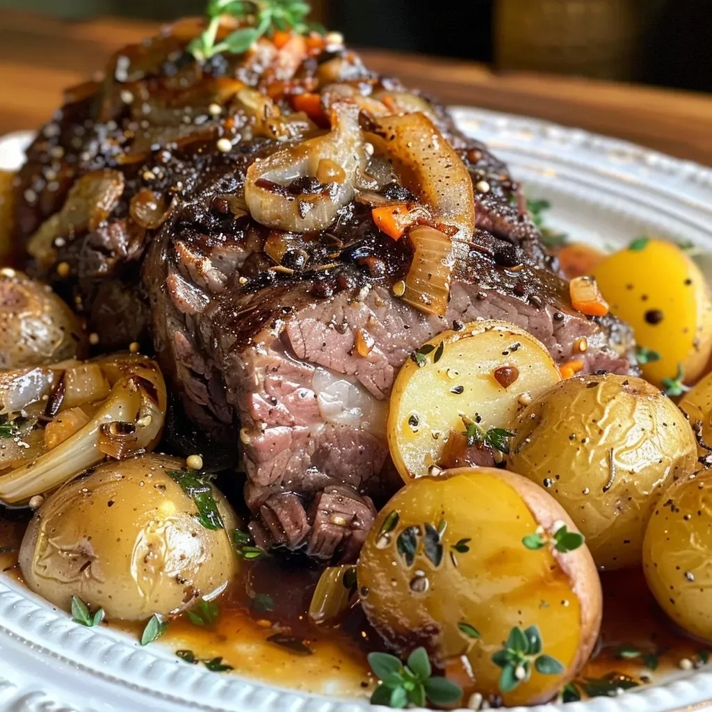 Side angle of a tender beef chuck roast surrounded by potatoes and carrots.