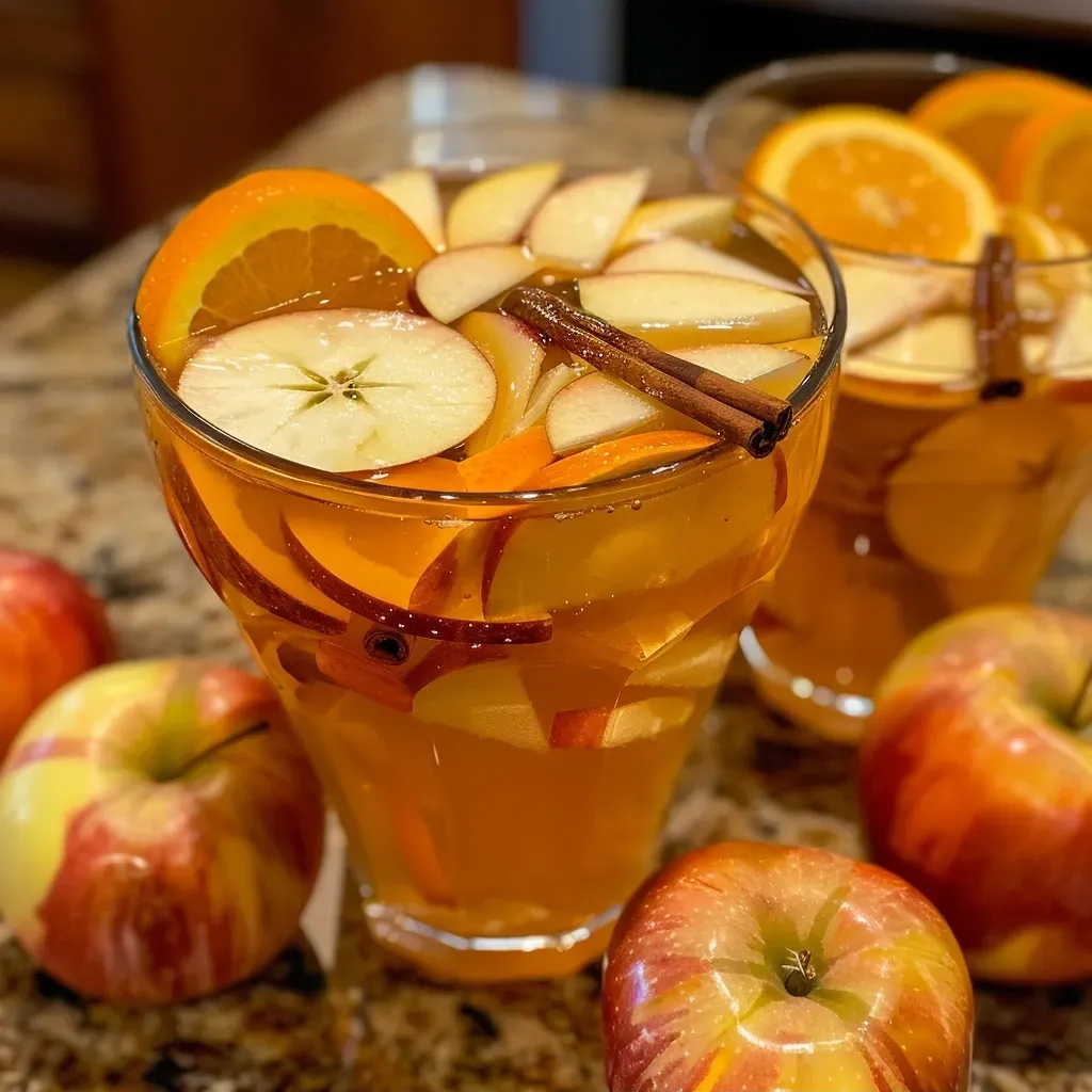 Side view of a refreshing apple cider punch in a clear glass.