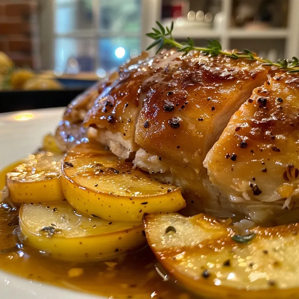 Side view of golden-brown turkey gravy made with apple cider, glistening in a dish, surrounded by cooking ingredients.