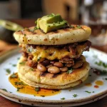 Close-up view of a golden arepa filled with cheese and meat.
