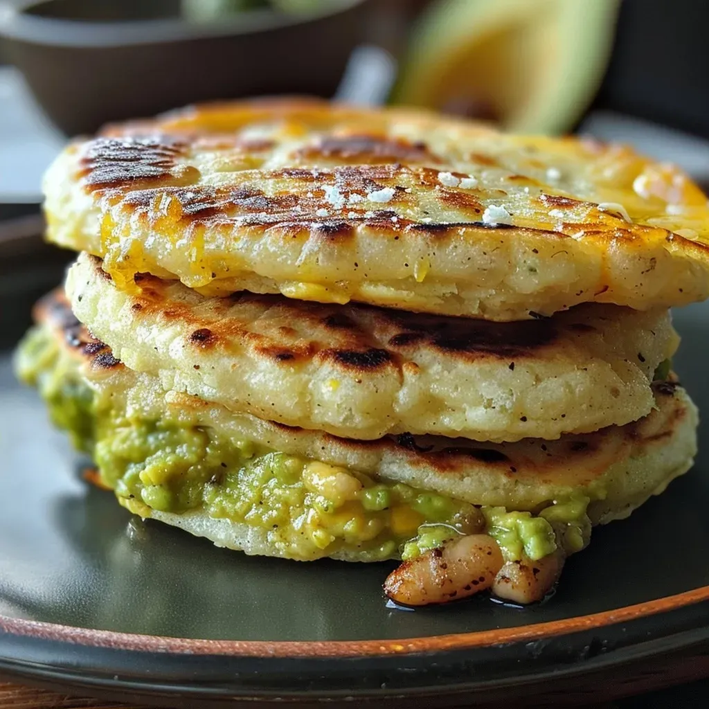 Side view of a juicy arepa showcasing melted cheese and avocado.